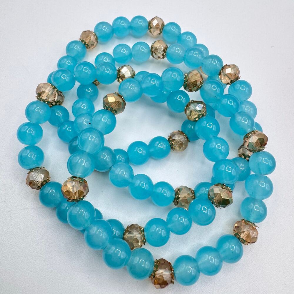 Blue Glass Bead Stretch Bracelet Stack Of 4 Champagne Crystals One Size Fits All